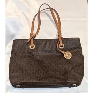 Michael Kors Signature Brown Coated Canvas Jet Set East West Tote Bag Purse